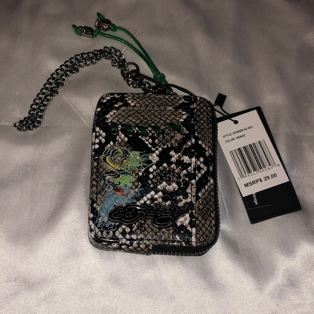 Ed Hardy Snake Print ZA Card Wallet + Chain Wrist Strap Skull Charm NWT